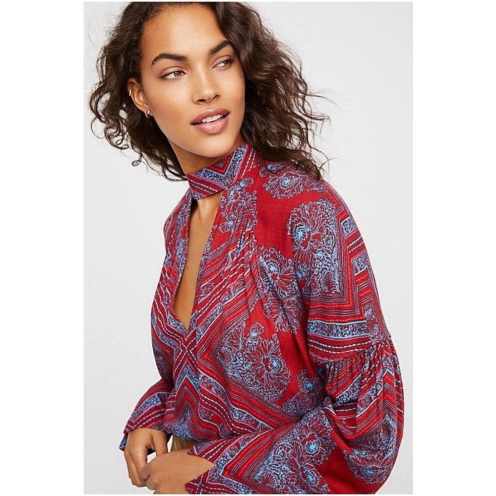 Free People Medallion Paisley Choker Neck Blouse Red Blue Boho OB515867  Medium